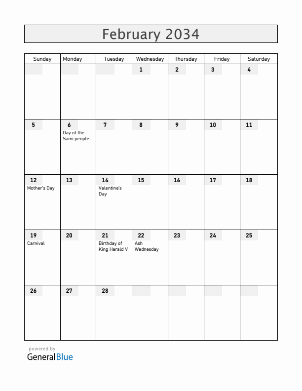 Norway February 2034 Calendar with Holidays