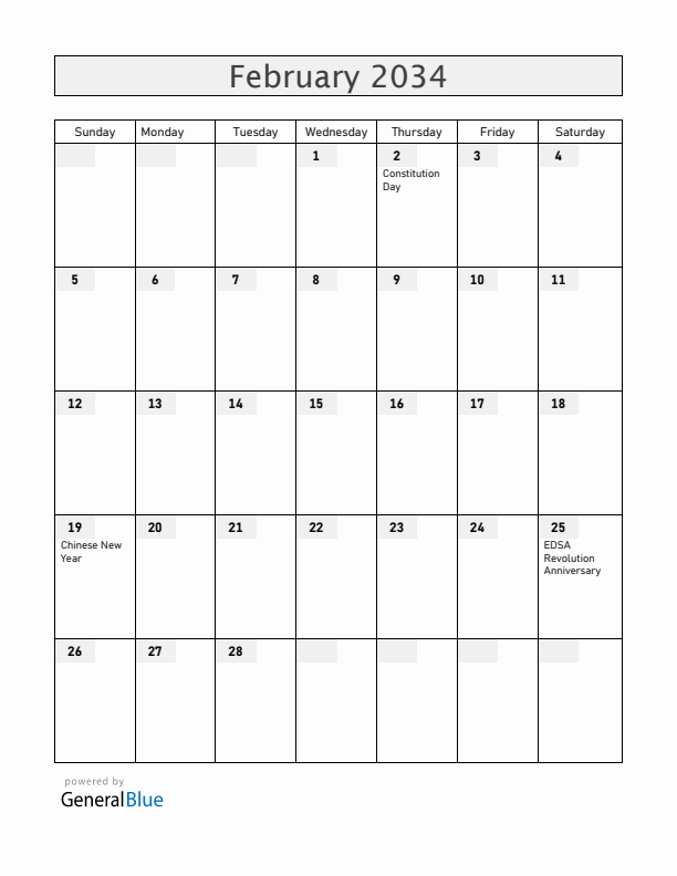Philippines February 2034 Calendar with Holidays