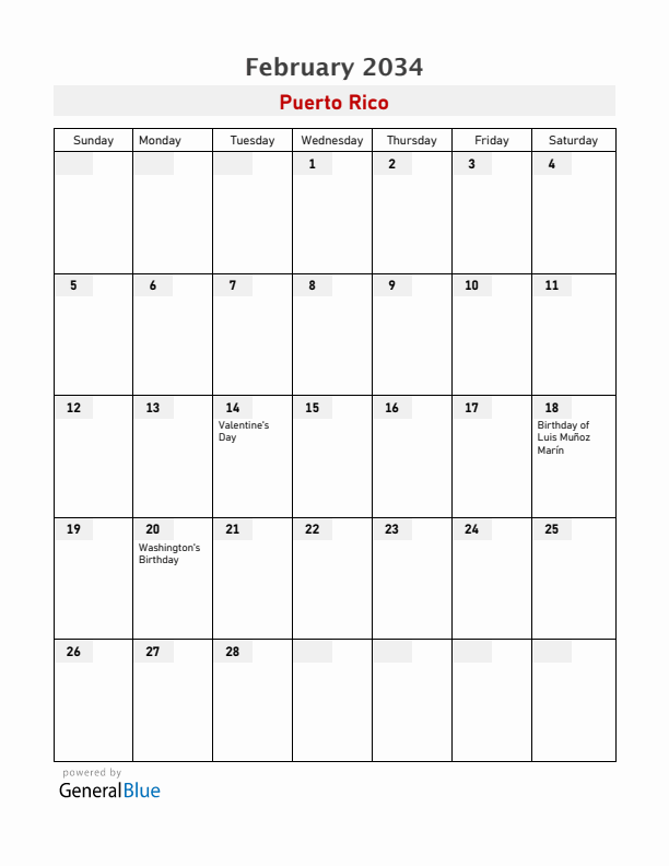Puerto Rico February 2034 Calendar with Holidays
