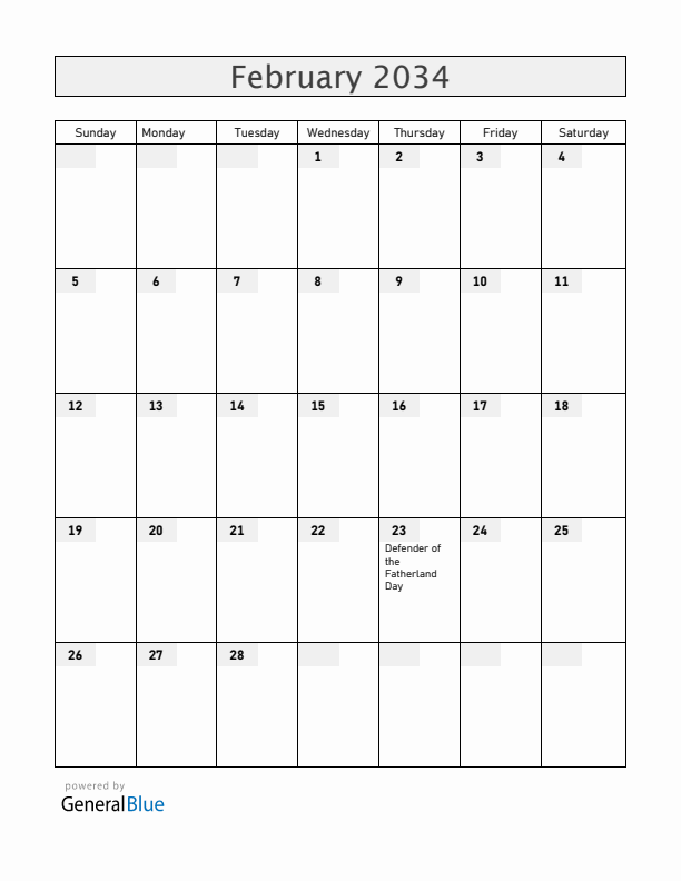 Russia February 2034 Calendar with Holidays