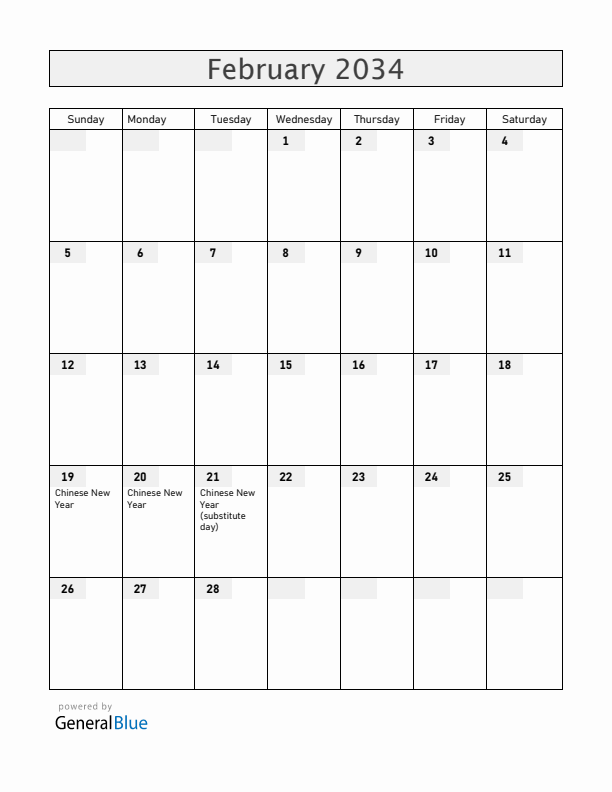 Singapore February 2034 Calendar with Holidays