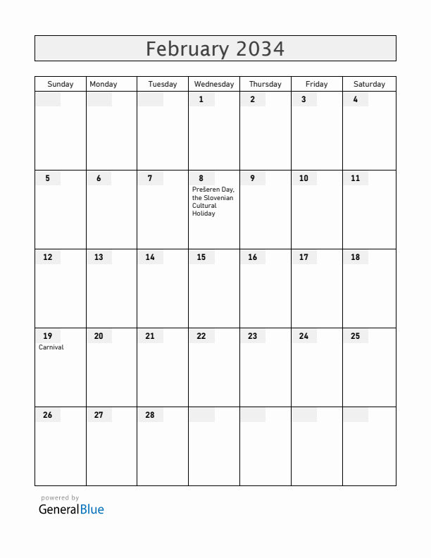 Slovenia February 2034 Calendar with Holidays