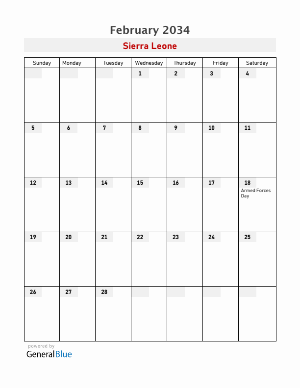 Sierra Leone February 2034 Calendar with Holidays