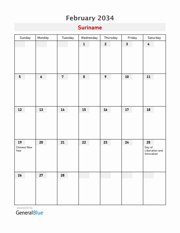 Suriname February 2034 Calendar with Holidays