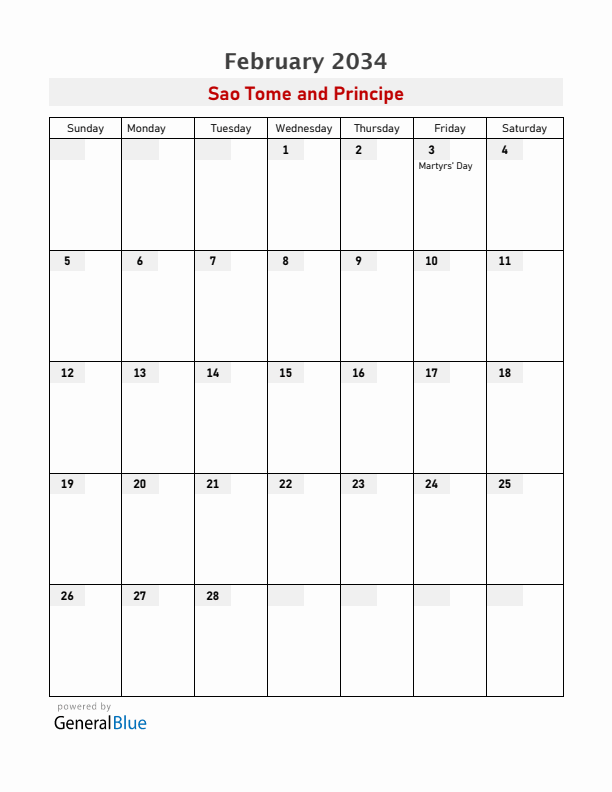 Sao Tome and Principe February 2034 Calendar with Holidays