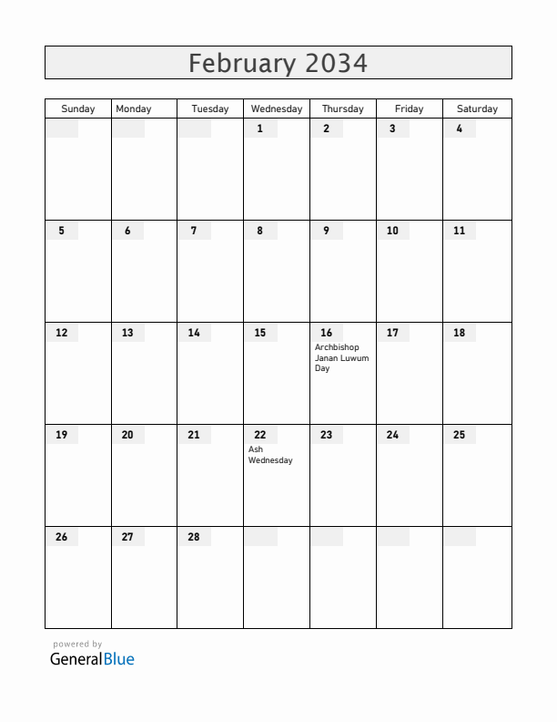 Uganda February 2034 Calendar with Holidays