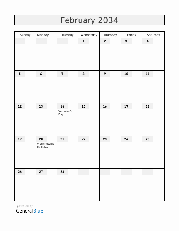 United States February 2034 Calendar with Holidays