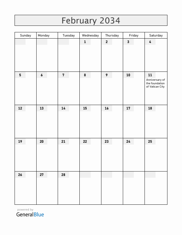 Vatican February 2034 Calendar with Holidays