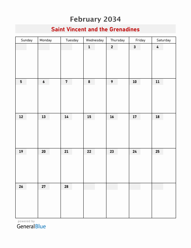 Saint Vincent and the Grenadines February 2034 Calendar with Holidays