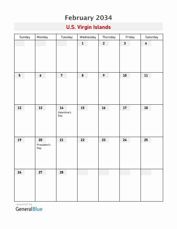 U.S. Virgin Islands February 2034 Calendar with Holidays