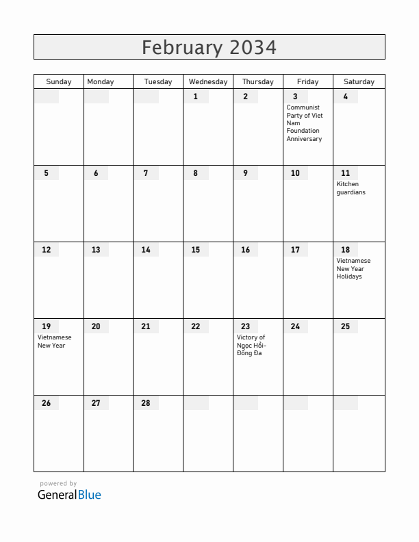 Vietnam February 2034 Calendar with Holidays