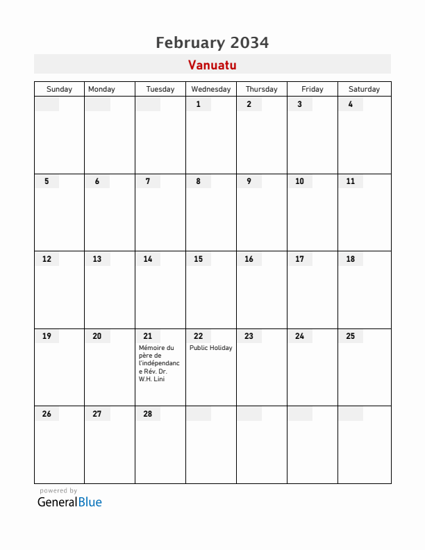 Vanuatu February 2034 Calendar with Holidays