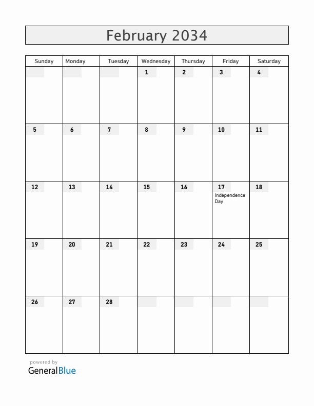 Kosovo February 2034 Calendar with Holidays