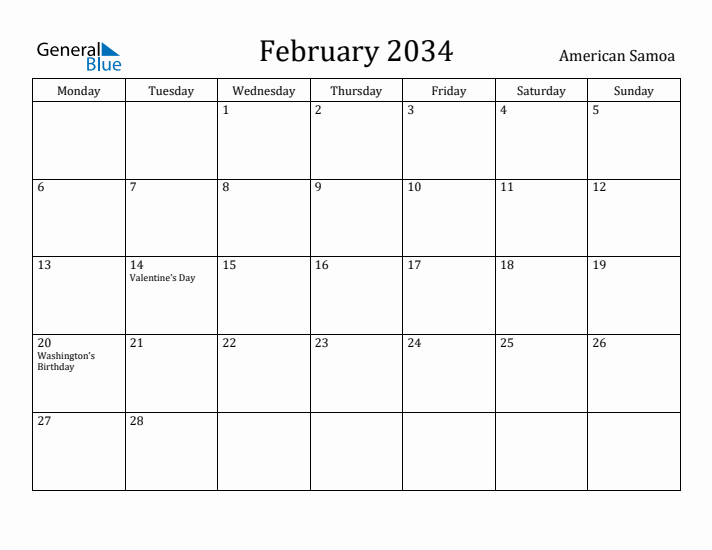 February 2034 Calendar American Samoa