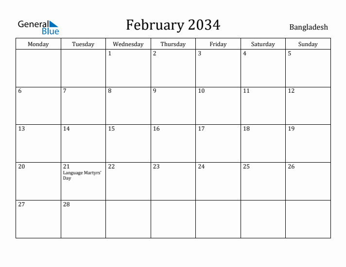 February 2034 Calendar Bangladesh