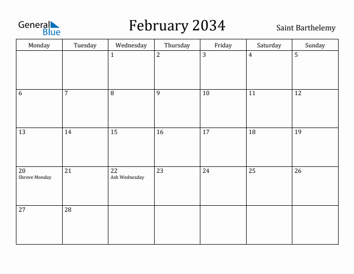 February 2034 Calendar Saint Barthelemy