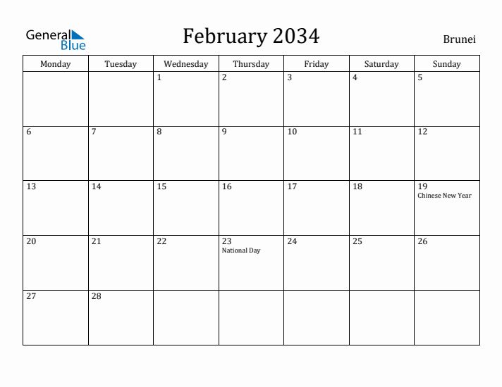February 2034 Calendar Brunei