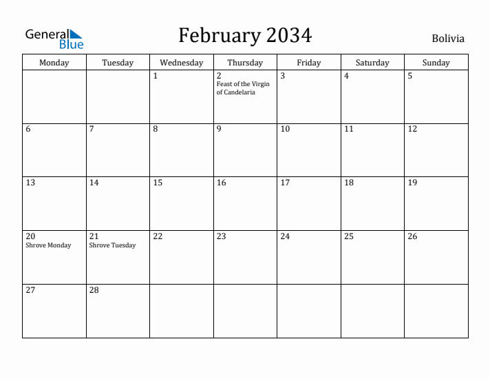February 2034 Calendar Bolivia