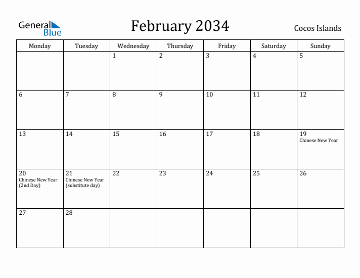 February 2034 Calendar Cocos Islands