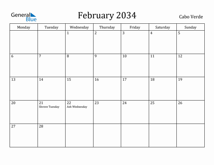 February 2034 Calendar Cabo Verde