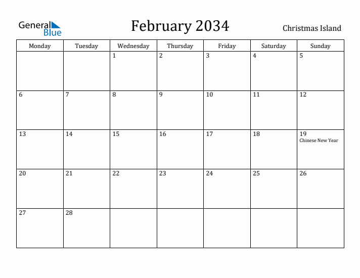 February 2034 Calendar Christmas Island