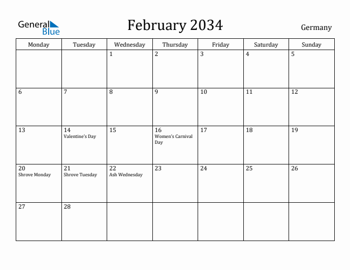 February 2034 Calendar Germany
