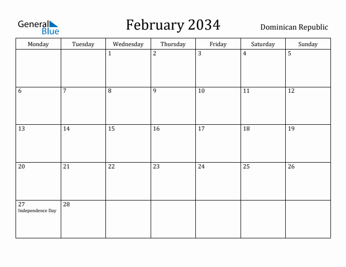 February 2034 Calendar Dominican Republic