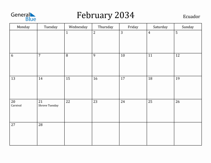February 2034 Calendar Ecuador