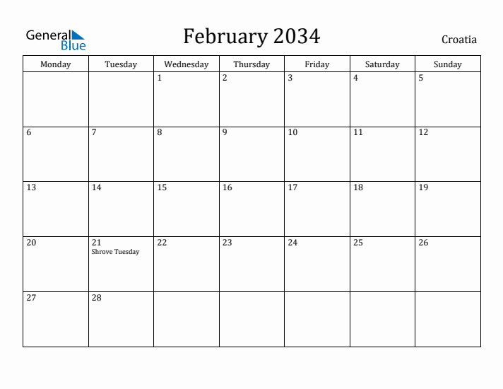 February 2034 Calendar Croatia