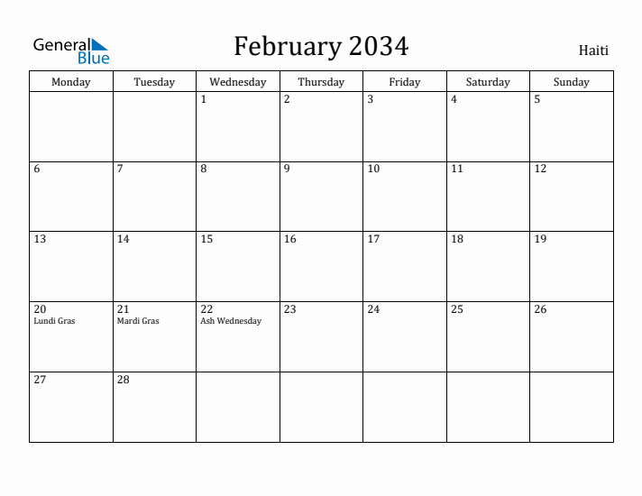 February 2034 Calendar Haiti