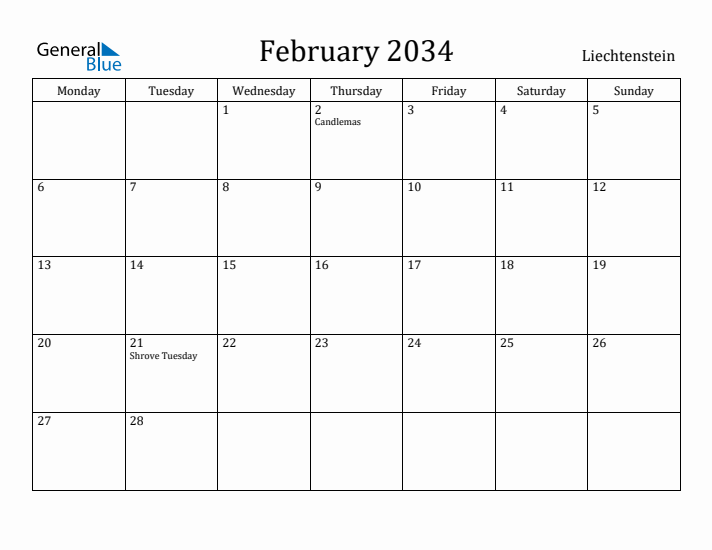 February 2034 Calendar Liechtenstein