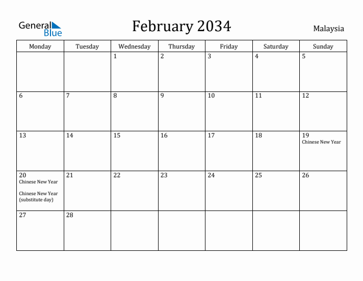 February 2034 Calendar Malaysia