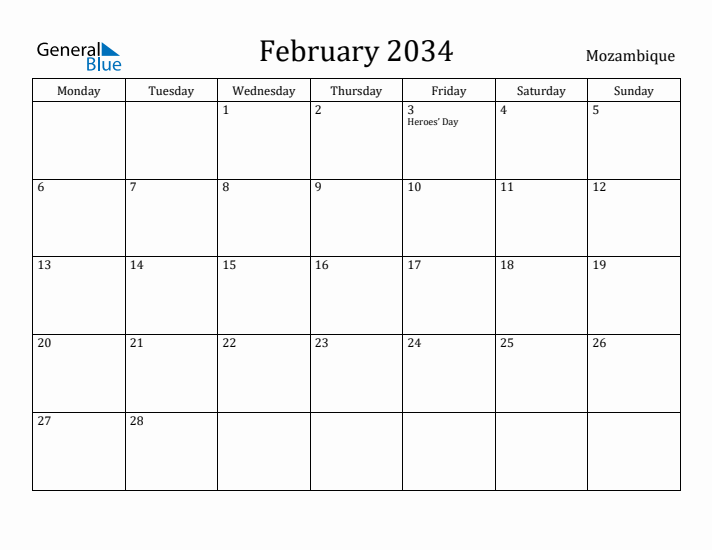 February 2034 Calendar Mozambique