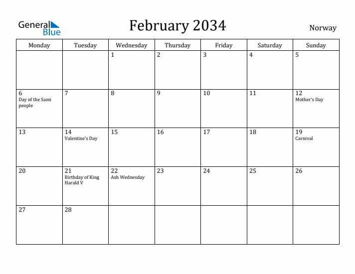 February 2034 Calendar Norway