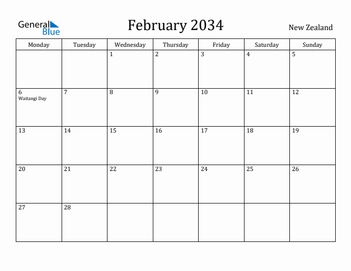 February 2034 Calendar New Zealand
