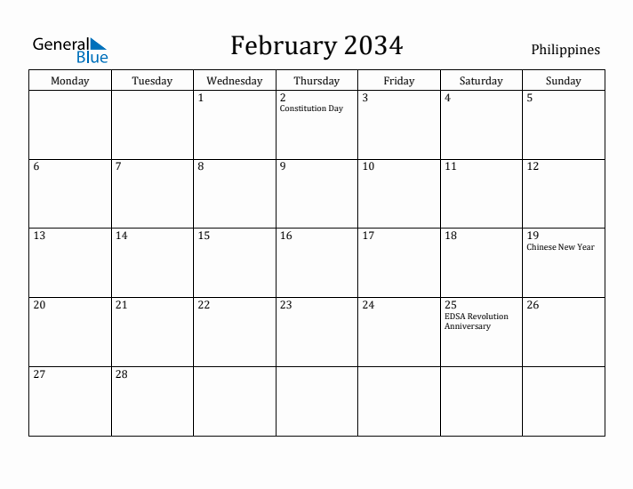 February 2034 Calendar Philippines