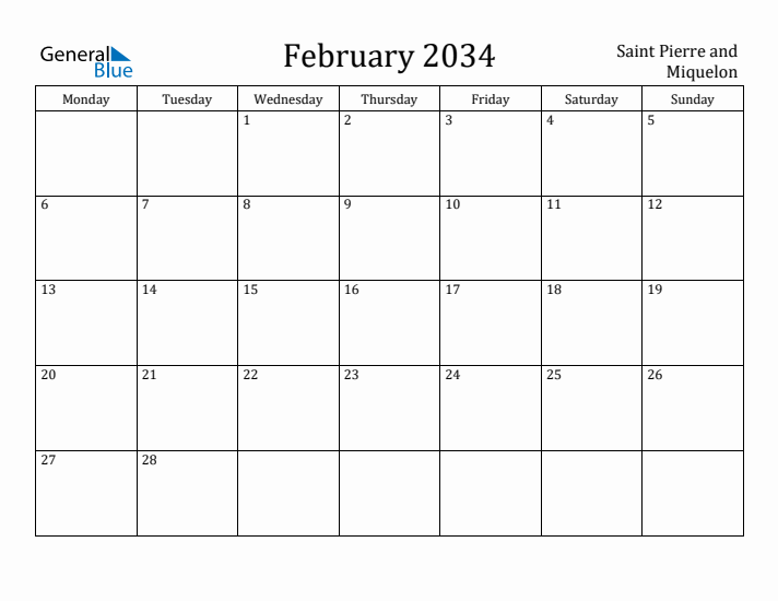 February 2034 Calendar Saint Pierre and Miquelon