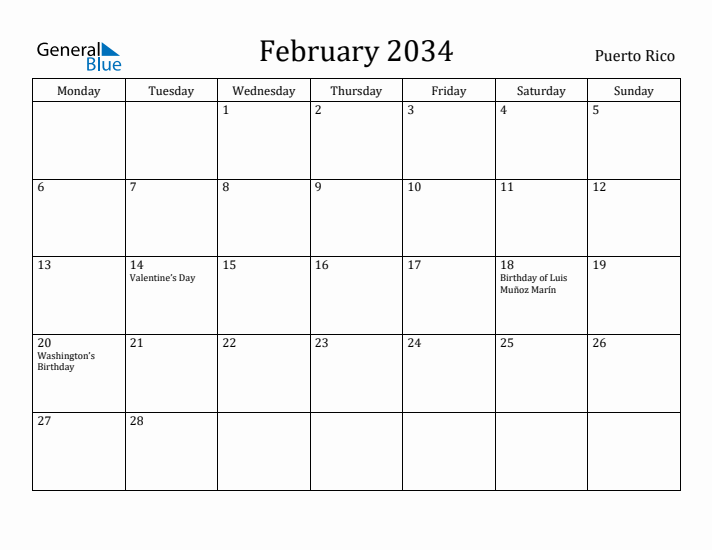 February 2034 Calendar Puerto Rico