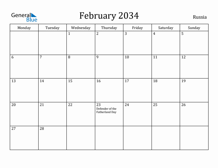 February 2034 Calendar Russia