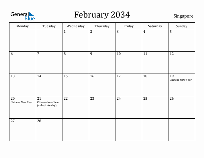 February 2034 Calendar Singapore