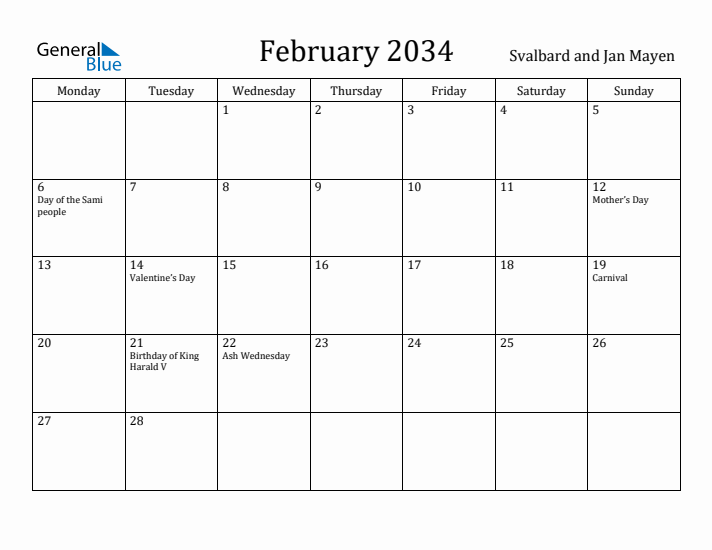 February 2034 Calendar Svalbard and Jan Mayen