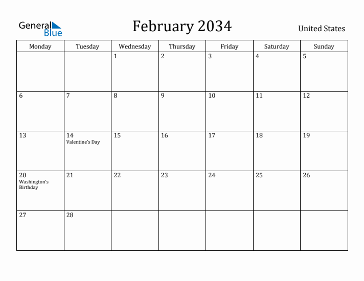 February 2034 Calendar United States