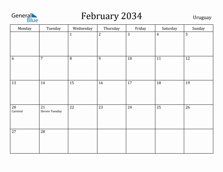 February 2034 Calendar Uruguay