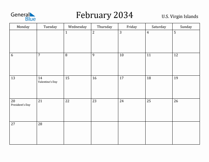 February 2034 Calendar U.S. Virgin Islands