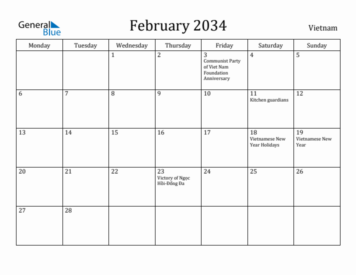 February 2034 Calendar Vietnam