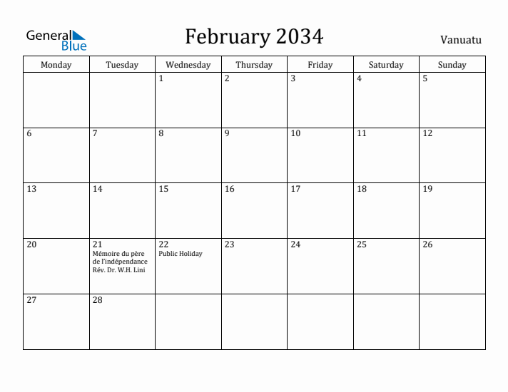 February 2034 Calendar Vanuatu