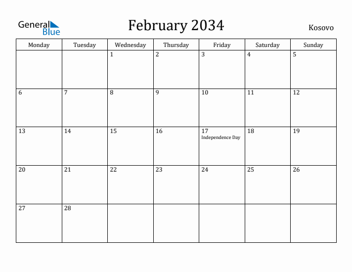 February 2034 Calendar Kosovo