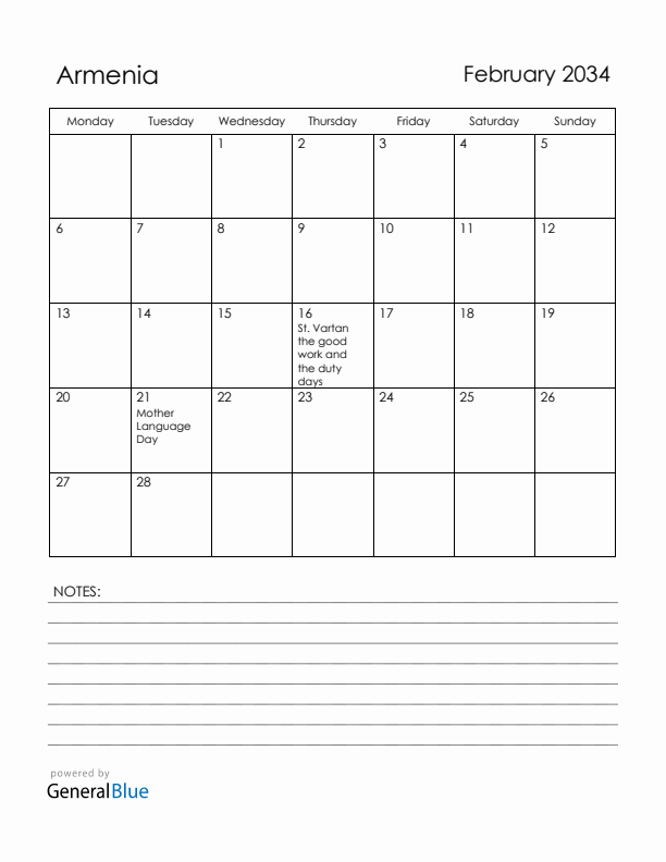 February 2034 Armenia Calendar with Holidays (Monday Start)