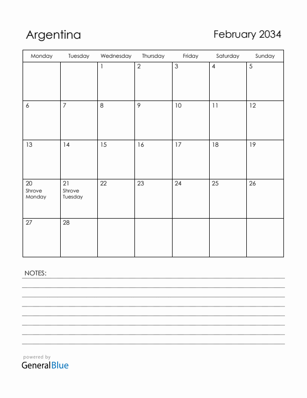 February 2034 Argentina Calendar with Holidays (Monday Start)