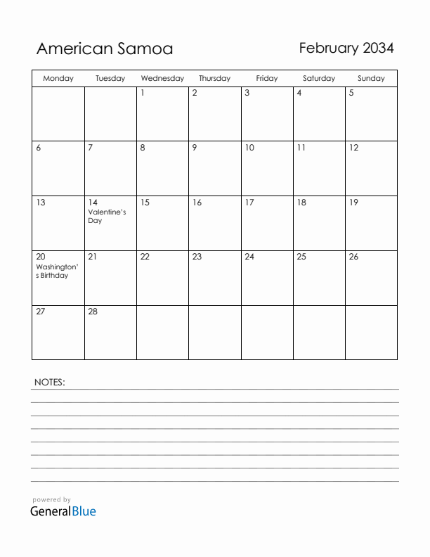 February 2034 American Samoa Calendar with Holidays (Monday Start)